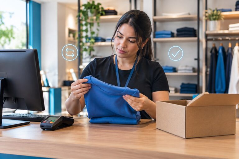 Atendente confere uma camiseta azul no balcão de uma loja, com uma caixa, computador e terminal de pagamento.